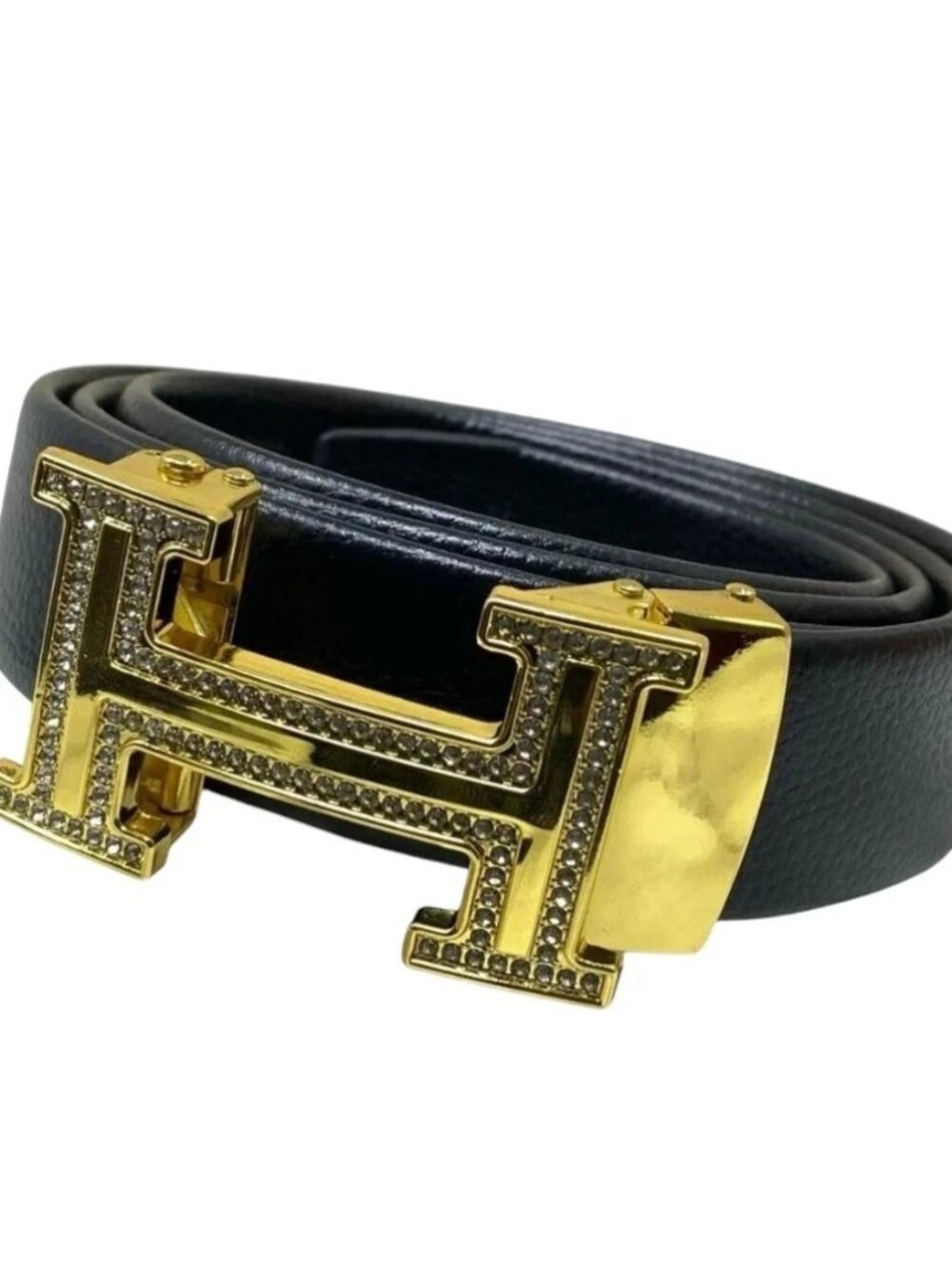 Elegant Fashion Belt Rhinestone Gold Buckle PU Leather Black Length 50 in new